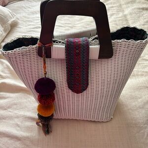 White Woven Tote Bag with Brown Handles